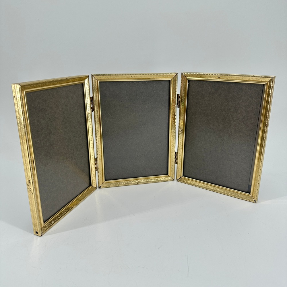 Vintage Gold Tone Metal Tri-Fold Hinged Triptych Picture Frame for 5x7 Photos
